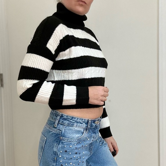 Turtle Neck Cable Knit Cropped Stripe Sweater - Picture 4 of 9